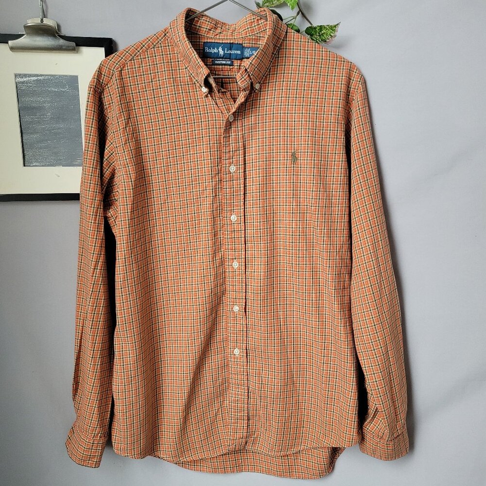 Ralph Lauren Checked Custom Fit Cotton Poplin Oxford Dress Shirt‎ Orange Green L